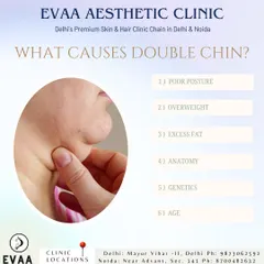 This educational graphic explains the common causes of a double chin, a concern we effectively treat with non-surgical methods like HIFU. Causes range from posture and genetics to age.