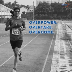 Overpower, Overtake, Overcome. This image of an athlete mid-stride on the track embodies the mindset we cultivate. It's about pushing past your limits and triumphing against all odds.