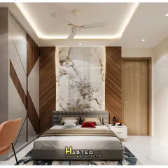A 3D visualization of a master bedroom sanctuary, featuring a mix of materials like a bookmatched marble headboard, diagonal wood paneling, and a custom geometric wardrobe for a modern and warm aesthetic.