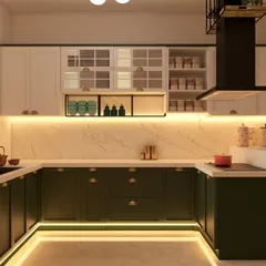 This U-shaped kitchen combines olive green base cabinets with white upper cabinets for a fresh, contemporary look. The design includes glass-fronted display sections and is illuminated by warm under-cabinet and kickboard lighting.