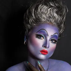 Our courses encourage you to push creative boundaries. This striking look, inspired by the character Ursula, showcases advanced skills in fantasy makeup, including dramatic contouring, character-specific features, and full-face color application that students learn in our creative workshops.