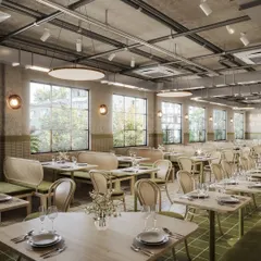 This visualization of a large, open-plan restaurant or cafe features an industrial-chic aesthetic. We rendered the space to feel bright and airy, highlighting the exposed ceiling, natural wood, and green accents.