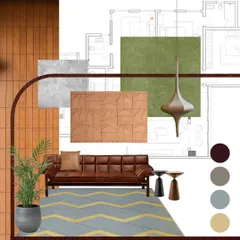 A mood board for a residential project, blending sophistication and warmth. The concept combines deep browns, greens, and terracotta with materials like Kota stone, Jaisalmer marble, and teak wood to create an atmosphere of elegant, heritage-inspired luxury.
