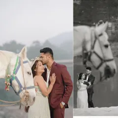 A diptych showing a couple's tender moments with a white horse, including a gentle kiss on the forehead.