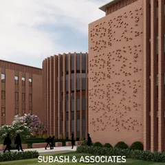 A closer perspective on our school design reveals the intricate use of brickwork. We employ varied patterns, vertical fins, and perforated jali-style screens to create a dynamic facade that is both visually engaging and functional, allowing for natural light and ventilation.
