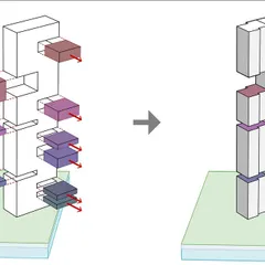 A conceptual diagram showing how we arrange and extrude functional spaces vertically along a central core. This method allows us to translate programmatic requirements into three-dimensional voids and solids that define the building's interior and exterior.
