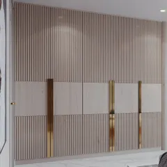 A detail shot of the wardrobe, where I visualized the rhythmic quality of the light wood fluting and the polished sheen of the vertical brass handles.