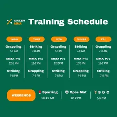 The official Kaizen MMA training schedule. We offer a mix of grappling, striking, and pro MMA classes throughout the week, with sparring and open mats on weekends.
