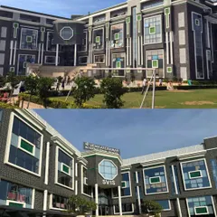A closer look at the facade of Venkateshwar International School (SVIS), showcasing the consistent design language with its distinctive green highlights and structured aesthetic that defines the school's brand.