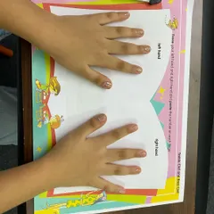 This worksheet helps children learn about their right and left hands, a foundational step for playing instruments like the piano. It's a simple, hands-on activity that connects their body to musical concepts.