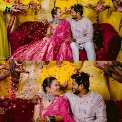 Surrounded by friends and a flurry of petals. This diptych captures the high-energy and happy atmosphere of Pratibha and Paresh's carnival-themed Haldi.