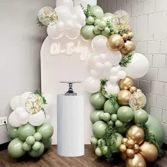 An elegant and modern 'Oh Baby' shower backdrop. I used a beautiful combination of sage green, white, and chrome gold balloons with a custom arched panel and a white plinth stand for the cake.