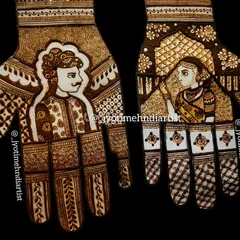 A practice sketch of bride and groom portraits. This shows the classic Rajasthani-style figures that I can incorporate into your wedding mehndi.
