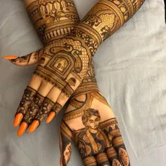 Another view of the full bridal design, showcasing the groom's portrait on one hand and intricate architectural and animal motifs on the other, creating a balanced and personal design.