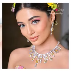 A close-up of the yellow diamond necklace. The unique colour of the diamonds makes this a standout piece, perfect for the bride who wants something a little different for her pre-wedding events.