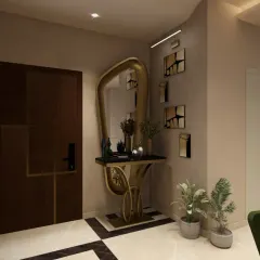 The entrance corner is designed to be a moment of artistic welcome. A sculptural, gold-finished console table and mirror are paired with a gallery wall and inlay flooring, creating a curated vignette that speaks to the home's sophisticated style.