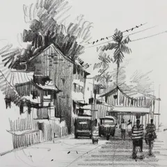 The final pencil cityscape sketch, capturing a busy street with buildings, vehicles, and figures.
