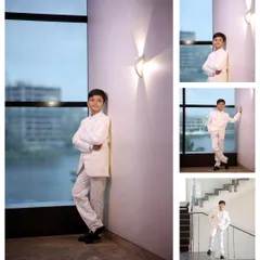 A collage инфекции a young boy in a stylish all-white suit, posing confidently in a modern indoor location.