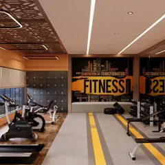 This gym design uses bold graphics and a strong color palette to create an energetic and motivational workout environment. I planned distinct zones for cardio and strength training, using a full-length mirror wall to enhance the space and linear lighting to ensure the entire area is bright and functional.