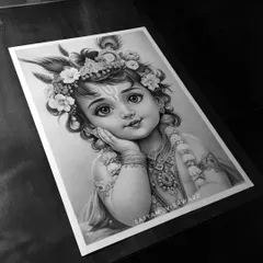Another look at the Bal Krishna sketch, this angle highlights the delicate shading on his cheek and the intricate jewelry.