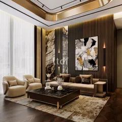 In this living room, we embraced luxe living through a composition of opulent furnishings and a rich material palette. A neutral color scheme is punctuated by brass accents in the ceiling, while large floor-to-ceiling windows fill the space with natural light, creating a lively and sophisticated atmosphere.