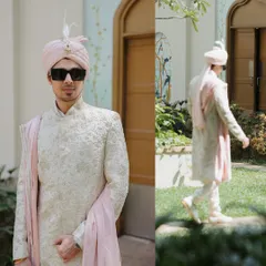 A collage showcasing the groom's style, from his cool sunglasses and pink turban to his elegant embroidered sherwani.