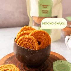 Enjoy the classic taste of my Crispy Moong Chakli. This perfect spiral of moong dal and spices offers a satisfying crunch in every bite, ideal for tea-time.