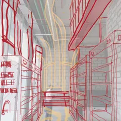 Our design process for the Ichiba Japanese retail store started with this layered sketch. We envisioned a space defined by red steel frames and flowing noodle-like ceiling elements, creating a strong visual identity within a compact footprint.