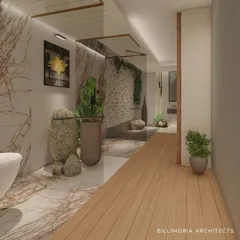 This bathroom design brings the outdoors in with a combination of wood flooring, stone-patterned marble, and a variety of indoor plants. The open layout creates a seamless flow between different zones.