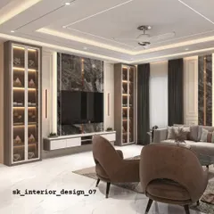 A grand, full-wall TV unit designed for a spacious living room. It features a central dark marble panel for the TV, flanked by two tall, illuminated glass display cabinets, perfect for showcasing art and decor.