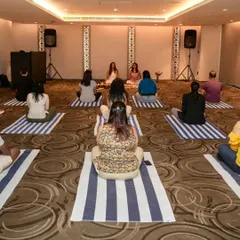 A view of one of my group sound bath sessions in Bangalore. Participants are guided into a meditative state, allowing the collective energy and resonant sounds to create a powerful environment for deep rest and inner connection.