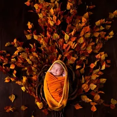 A slightly different angle of the autumn-themed newborn portrait. The soft smile on the baby's face makes this an incredibly precious and heartwarming shot.