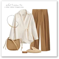 A smart spring and summer look that is perfect for a lunch date or a day of shopping. The wrap blouse and wide-leg trousers create a relaxed yet sophisticated silhouette.