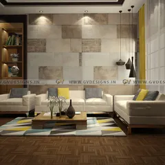 We designed this living room to feel warm and inviting, using a combination of textures and natural tones. The space features a comfortable sofa set, a geometric-patterned rug, and a feature wall with stone-textured tiles, all illuminated by a mix of ambient and accent lighting.