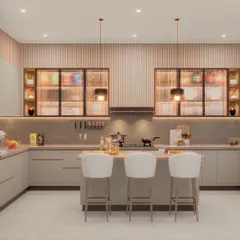 A high-quality 3D visualization of a modern L-shaped kitchen with an island. This render helps you see the flow of the space, the material finishes, and how pendant lighting can enhance the overall ambiance.