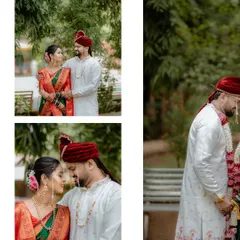 This collage shows a series of romantic and traditional poses, capturing the couple's connection amidst a beautiful green backdrop.