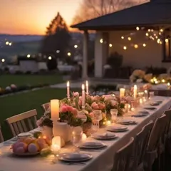 A magical sunset dinner. This outdoor tablescape with string lights, candles, and beautiful floral centerpieces creates an incredibly romantic and memorable atmosphere.