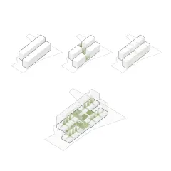 A conceptual diagram illustrating the strategy for Aurum Avenue. We broke down the typical housing block into smaller, interconnected units to create shared community spaces and ensure better light and ventilation for each home.