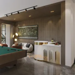 This angle shows the full layout, with dark marble floors and paneled walls creating a moody and elegant atmosphere for entertainment.
