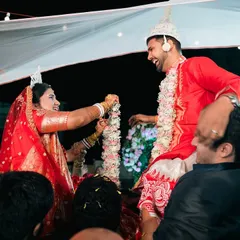 The Shubho Drishti ritual in a Bengali wedding. The joy on the couple's faces as they see each other for the first time is a moment of pure magic.