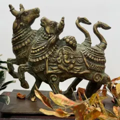 This masterfully crafted brass sculpture features twin Nandis, symbols of strength and devotion, standing in perfect harmony.