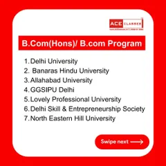 A list of top universities for B.Com (Hons) and B.Com programs, including Delhi University, Banaras Hindu University, and Allahabad University.