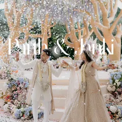 Janki and Parth's wedding in Kenya had all the magic of a royal Indian celebration. The stunning mandap, adorned with pastel florals and surrounded by whimsical golden trees, was the perfect setting for their joyful ceremony.