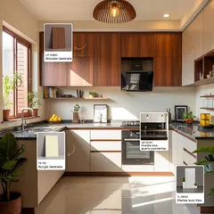 This kitchen perfectly balances warmth and modernity. I've pointed out the exact materials used, like the rich wooden laminate on the upper cabinets, the sleek acrylic laminate below, and the durable granite-look quartz countertop.