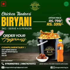 Order your happiness with this amazing deal. A 3kg bucket of our Chicken Tandoori Biryani that serves 4-5 people. It's complimentary with a soft drink, gulab jamun, raita, and salad. A perfect meal for a small family.