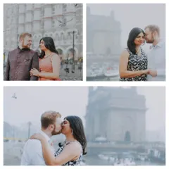 A collage of romantic moments near the Gateway of India, capturing both posed and candid interactions against the backdrop of the Arabian Sea and historic architecture.