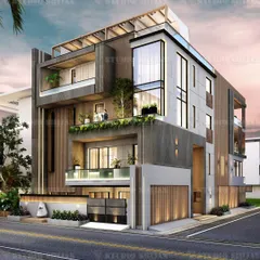 A corner view of a 428 sq. yard home in Shalimar Bagh, New Delhi. The design uses a mix of materials and projecting volumes to create a visually engaging facade that changes appearance from different angles.