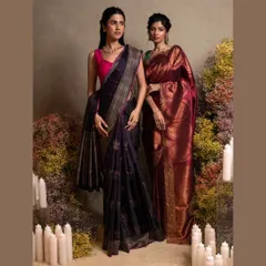 Our collection offers a saree for every personality and wedding event. Here, we feature two distinct Kanjivaram sarees: a deep purple with Banarasi motifs and a classic maroon brocade, each telling its own story of heritage.