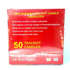 The back of the red box includes important safety instructions for using the long-burning, smokeless tealight candles.