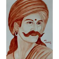 A blood portrait of a historical Kannada warrior figure, complete with a traditional turban and majestic mustache. The piece includes a signature in Kannada.